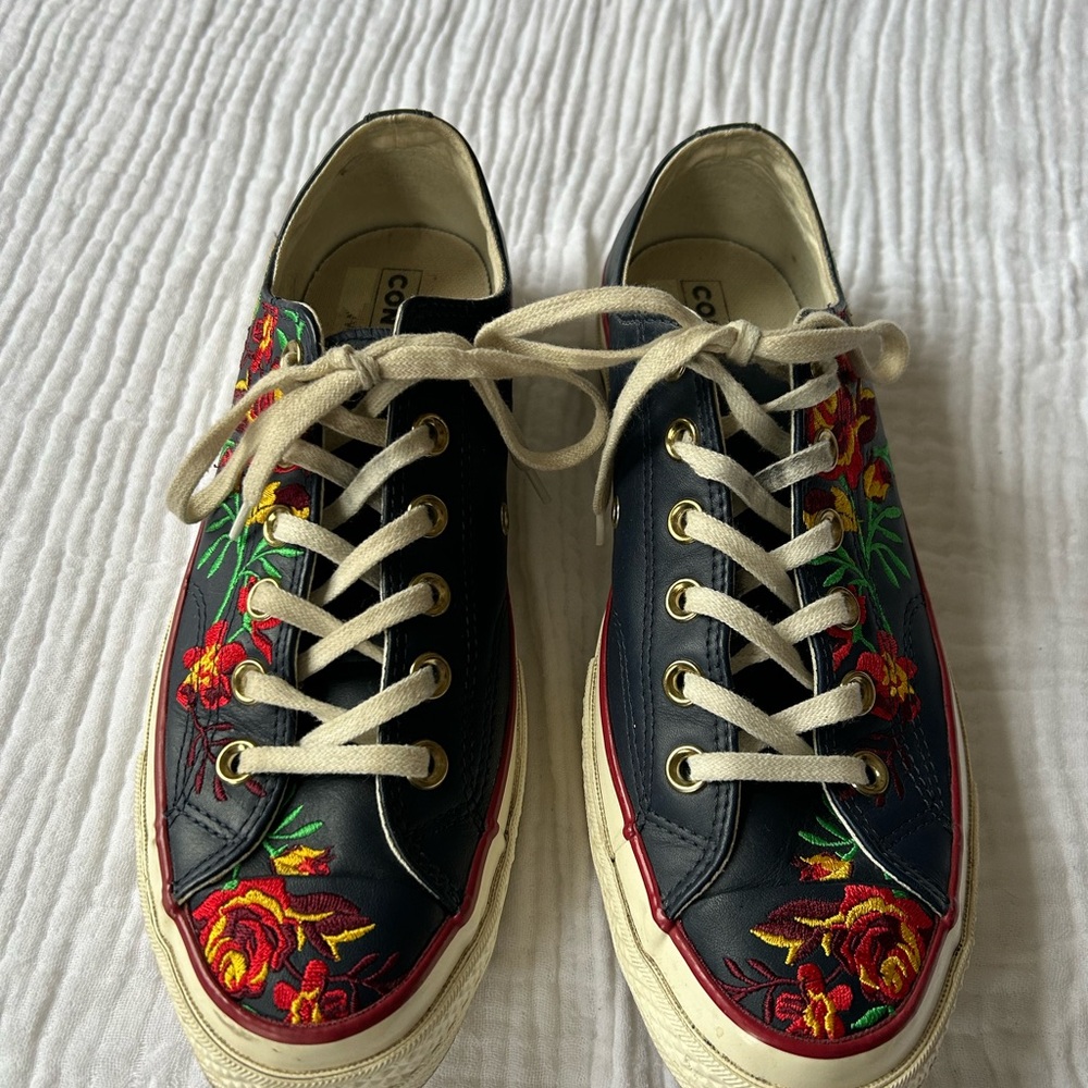 Converse Chuck 70 Navy Blue Leather Parkway Floral Embroidery Sneakers, Sz. 6.5